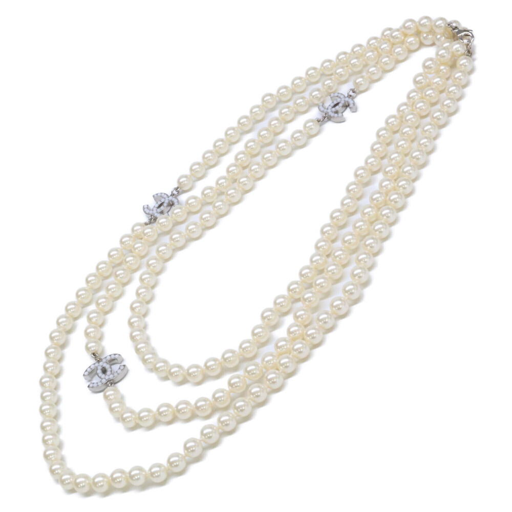 CHANEL 10V Coco Mark Triple Pearl Necklace with Silver Hardware - Women's